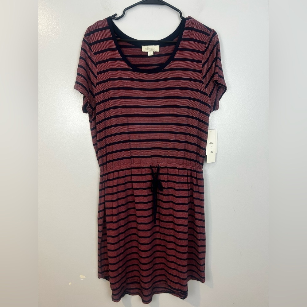 NWT Olive & Oak Striped Jersey Navy & Coral Drawstring Mini Dress Size Large